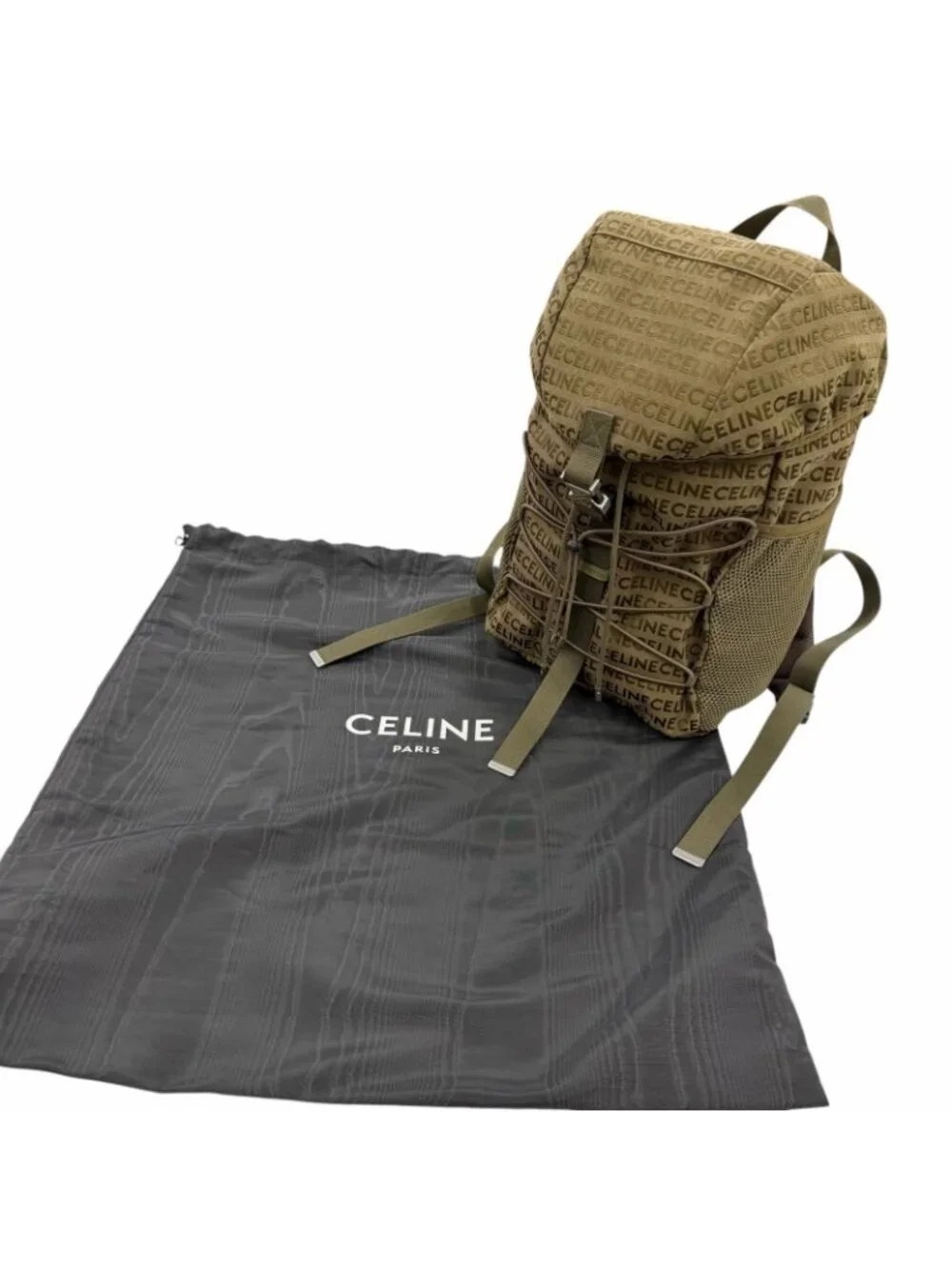 Celine Canvas Partial Leather Logo All Over Pattern Trekking Backpack Khaki - Picture 2 of 10